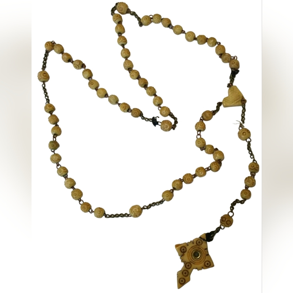 Vtg carved Rosary Beads Stanhope Cross Image of Mary Our Lady Necklace Catholic